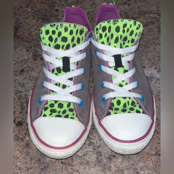Converse All Star Shoes Gray Neon Animal Print Double Tongue Junior Size 4 - Picture 2 of 12